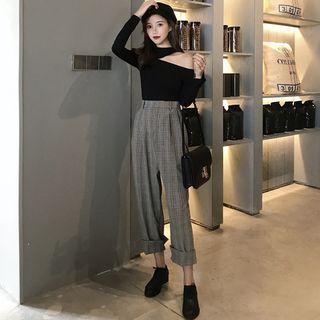 Long-sleeve Cut-out T-shirt / Plaid Dress Pants