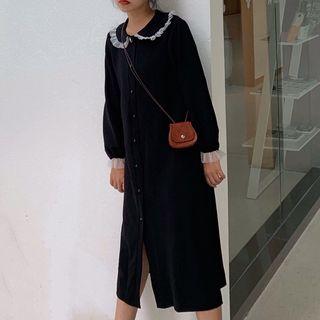 Peter Pan Collar Lace Velvet Long Dress Black - One Size
