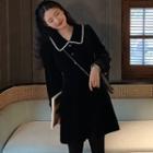 Collared Long-sleeve A-line Mini Velvet Dress