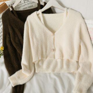 Set: Furry-knit Camisole Top + Cropped Cardigan