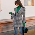 Plaid Double-breasted Blazer/ Turtleneck Long-sleeve Knit Top