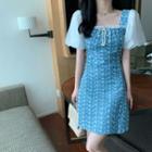 Puff-sleeve Square-neck Embroidered Panel Dress Sky Blue - One Size