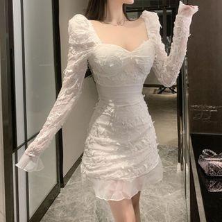 Long-sleeve Embroidered Chiffon Mini Sheath Dress