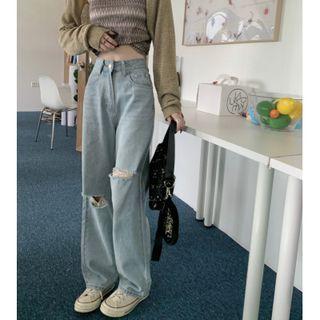 High-waist Ripped Wide-leg Shift Jeans
