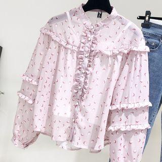 Long-sleeve Frill Trim Patterned Buttoned Chiffon Top