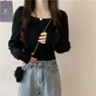 Long-sleeve Square-neck Crop Top Black - One Size