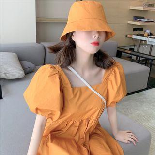 Set: Puff-sleeve Plain Dress + Hat