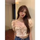 Short-sleeve Floral Print Cropped Blouse Floral Print - Light Yellow - One Size