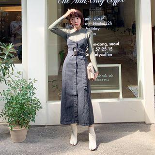 Denim Long Pinafore Dress With Belt