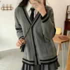 Long-sleeve Contrast Trim Cardigan Gray - One Size