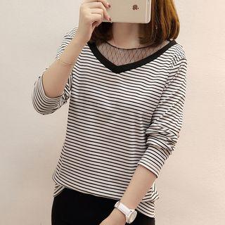 Mesh Panel Striped Long-sleeve T-shirt