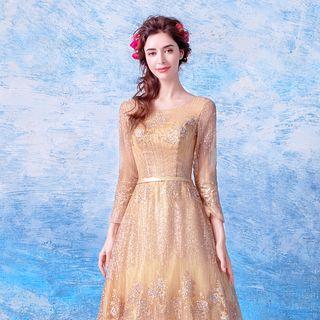 Sequined 3/4-sleeve A-line Evening Gown