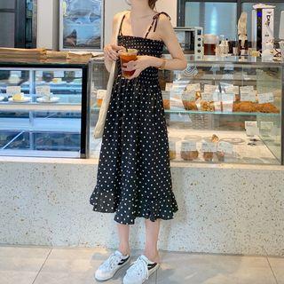Spaghetti-strap Dotted Print Smocked Dress