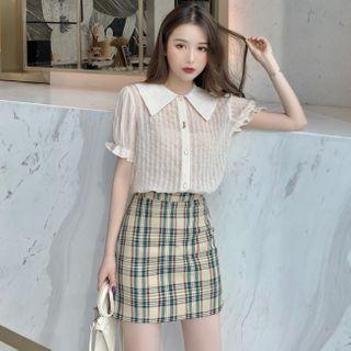 Frilled Trim Short-sleeve Blouse / Plaid A-line Skirt