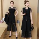 Set: Short-sleeve Mesh Top + Lace Cropped Wide-leg Pants + Long Vest