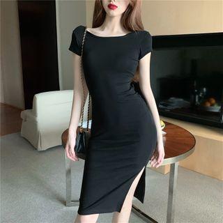 Plain Short-sleeve Cutout-back Slit Midi Bodycon Dress Black - One Size