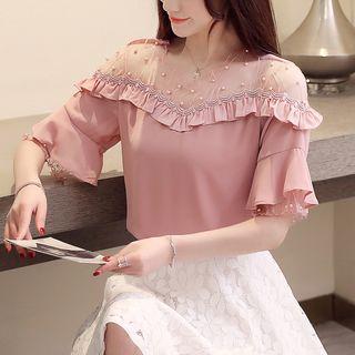 Short-sleeve Mesh Yoke Chiffon Top