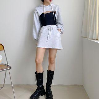 Set: Cropped Hoodie + Camisole + Shorts Gray - One Size