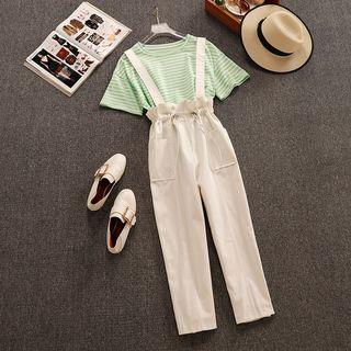 Set: Short-sleeve Striped T-shirt + Suspender Pants