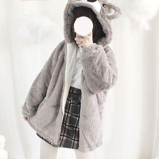 Koala Embroidered Long-sleeve Knit Top / Plaid Mini A-line Skirt / Hooded Jacket / Gloves