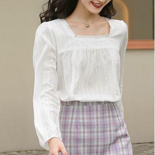 Square Neck Ruffle Trim Blouse White - One Size