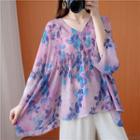 Long-sleeve V-neck Flower Print Loose-fit Top Purple - One Size=l