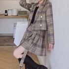 Plaid Blazer / Pleated Mini A-line Skirt / High-waist Straight Leg Pants / Set