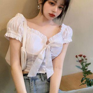 Off-shoulder Ribbon Blouse White - One Size