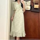 Short-sleeve Ruffle Floral Midi A-line Dress