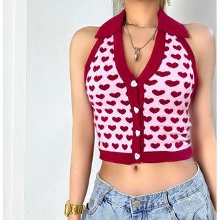 Halter-neck Heart Print Polo Knit Top