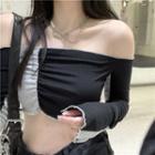 Off Shoulder Two Tone Pleated Cropped Top Black & Gray - One Size