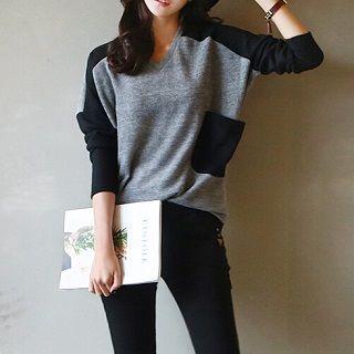 Long-sleeve Contrast-color Top Gray - One Size