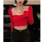 Square-neck Crop Knit Top Red - One Size