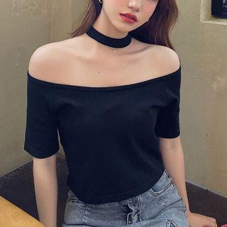 Off-shoulder Halter Crop Knit T-shirt Black - One Size