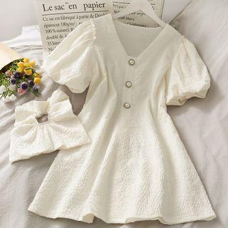 Embossed Bubble-sleeve Mini Dress