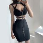 Studded Choker-neck Cutout Mini Bodycon Dress