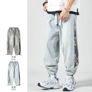 Bear Print Panel Drawstring-cuff Baggy Jeans