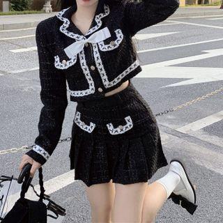 Bow Accent Button-up Cropped Jacket / Mini A-line Skirt
