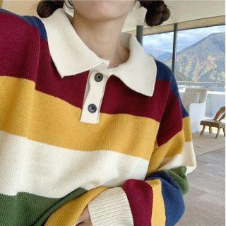 Long-sleeve Striped Loose-fit Sweater Stripe - One Size