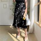 Band-waist Pleated Dotted Skirt Black - One Size