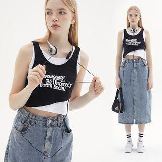 Lettering Mock Two Piece Sleeveless Top