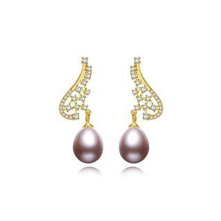 Sterling Silver Plated Gold Simple Fashion Geometric Purple Freshwater Pearl Earrings With Cubic Zirconia Golden - One Size