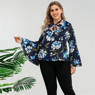 Plus Size Flare Sleeve Flower Print Tie-neck Blouse
