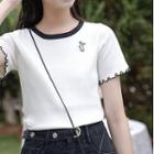 Short-sleeve Rabbit Embroidered Color-block Knit Blouse