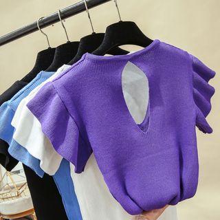 Ruffle-sleeve V-neck Knit Top