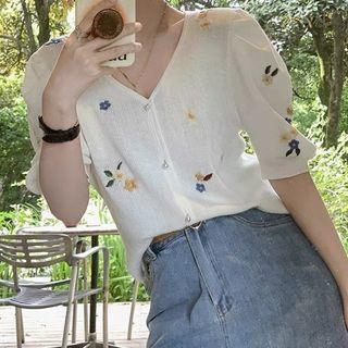 Short-sleeve Floral Embroidered Cardigan / Denim Midi Skirt / Set