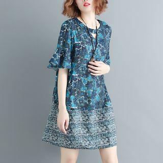 Elbow-sleeve Printed Chiffon A-line Mini Dress