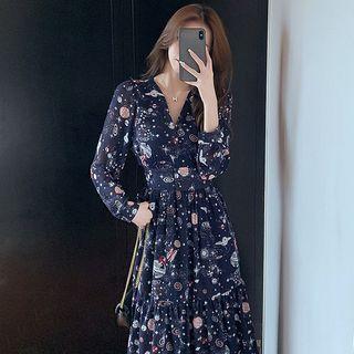 Long-sleeve Space Print Midi A-line Dress