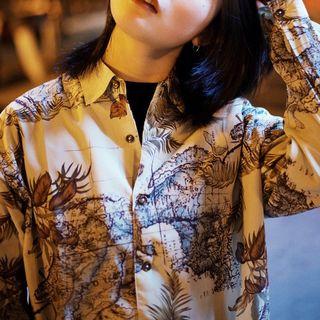 Long-sleeve Printed Shirt Plants & Map - Off-white - One Size