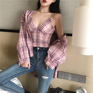 Set: Plaid Camisole Top + Drop-shoulder Shirt